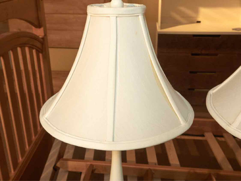 Pair Of White Finish Metal White Silk Shades Table Lamps