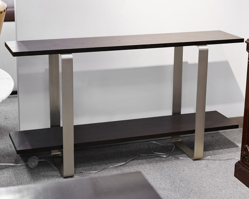 Contemporary Console with Dark Finish Oak Shelves on Brushed Stainless Frame