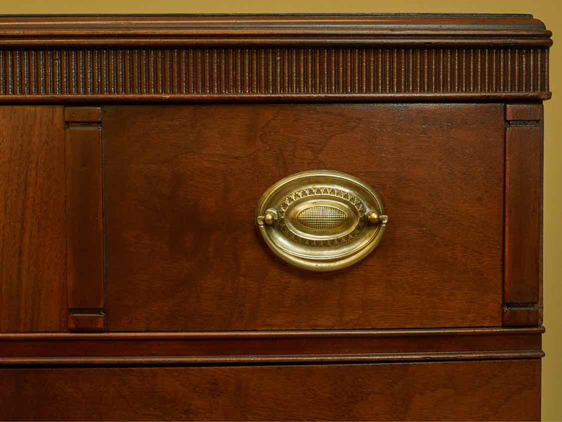 Walnut 5 Drawer With Brass Handles & Inlay Feather Accent  Chest