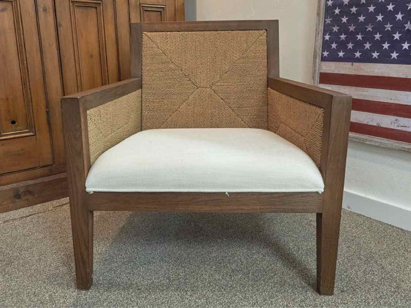 Jute Weave & Wood Trim Arm Chair with White Upholstered Seat