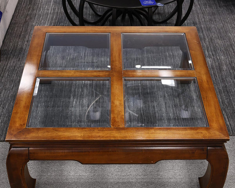 Asian Cocktail Table in Wood with Beveled Glass Paneled Top