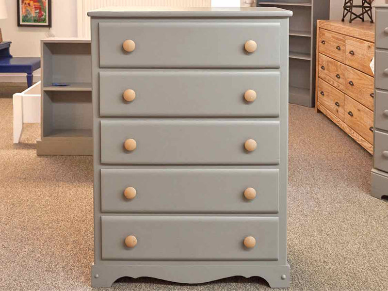 Grey Finish 5 Drawer Chest with Yellow Knobs