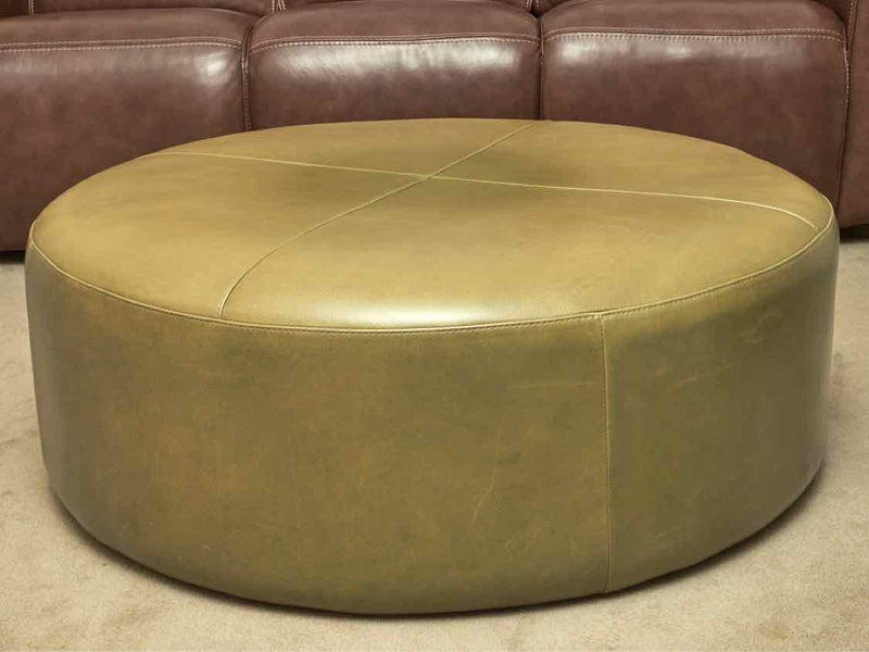 Round Leather Ottoman In 'Moss Green' On Casters