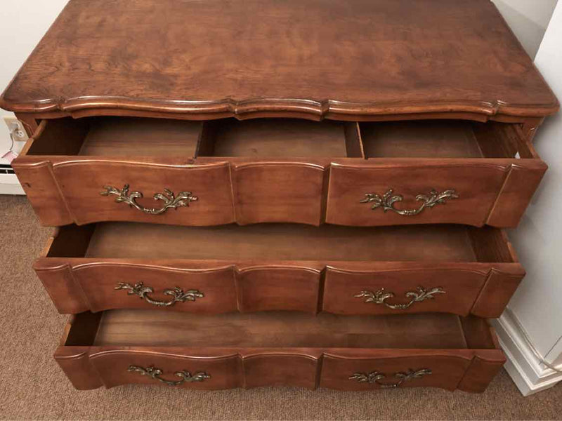 French Bench Made Walnut 3 Drawer Chest With Ornate Handles