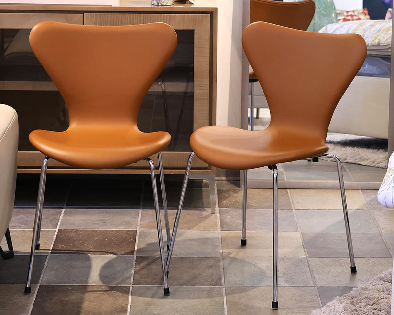 Pair of Fritz Hansen by Arne Jacobsen Brown Leather 3107 Series 7 Dining Chairs