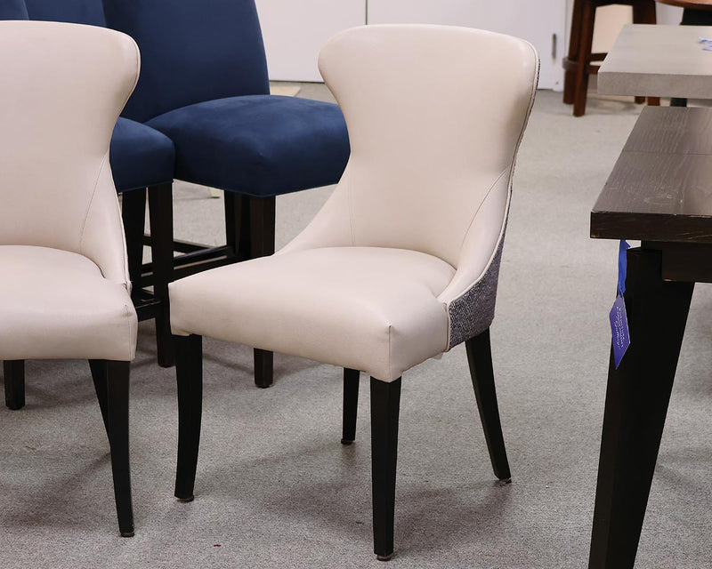 Pair of Lee Custom Side  Dining Chairs in Beige Leather & Upholstery Backs