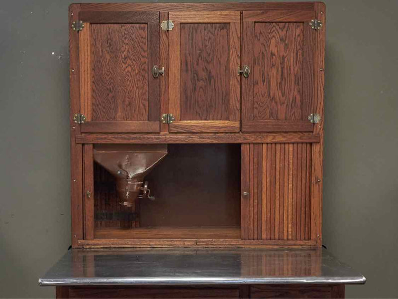 Antique Solid Oak Hoosier Baker Cabinet with Stainless Prep Surface