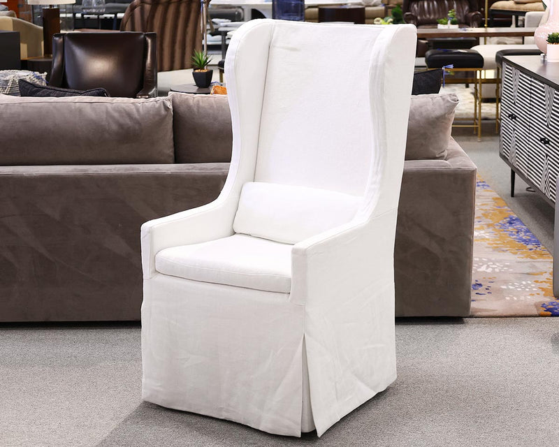 Pair of RH Dining Host Chairs Slipcovered in White Belgian Linen on Casters