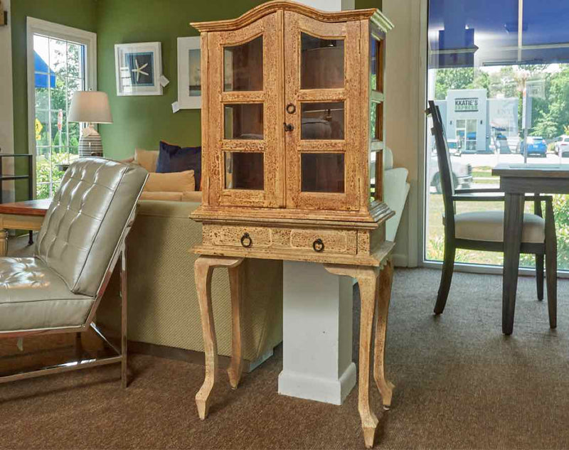 Antiqued Crackel Finish Display Cabinet  with Bonnet Top