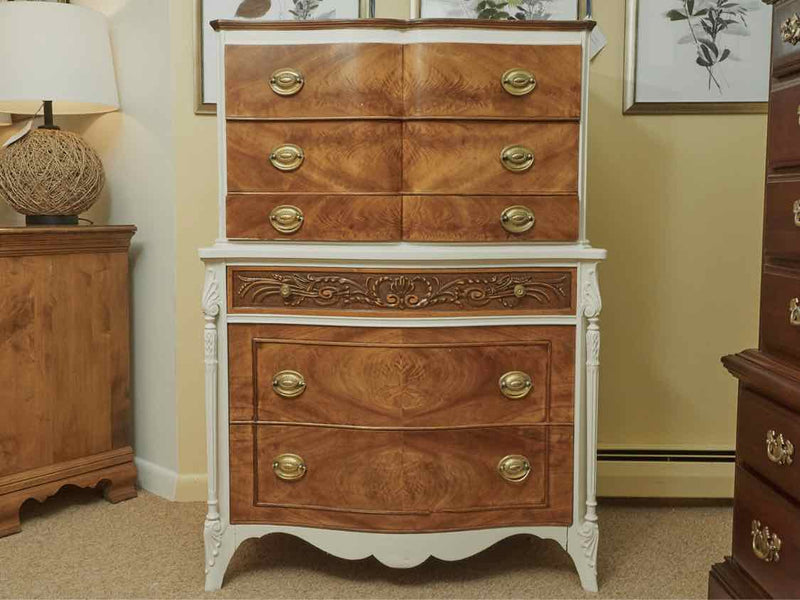 White Finish 3 Over 3 Drawer Chest with Burled Wood Drawer Fronts