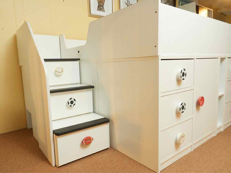 White Finish 9 Drawer 2 Door Sport Motif  Knobs Full  Storage Bed with Stairs