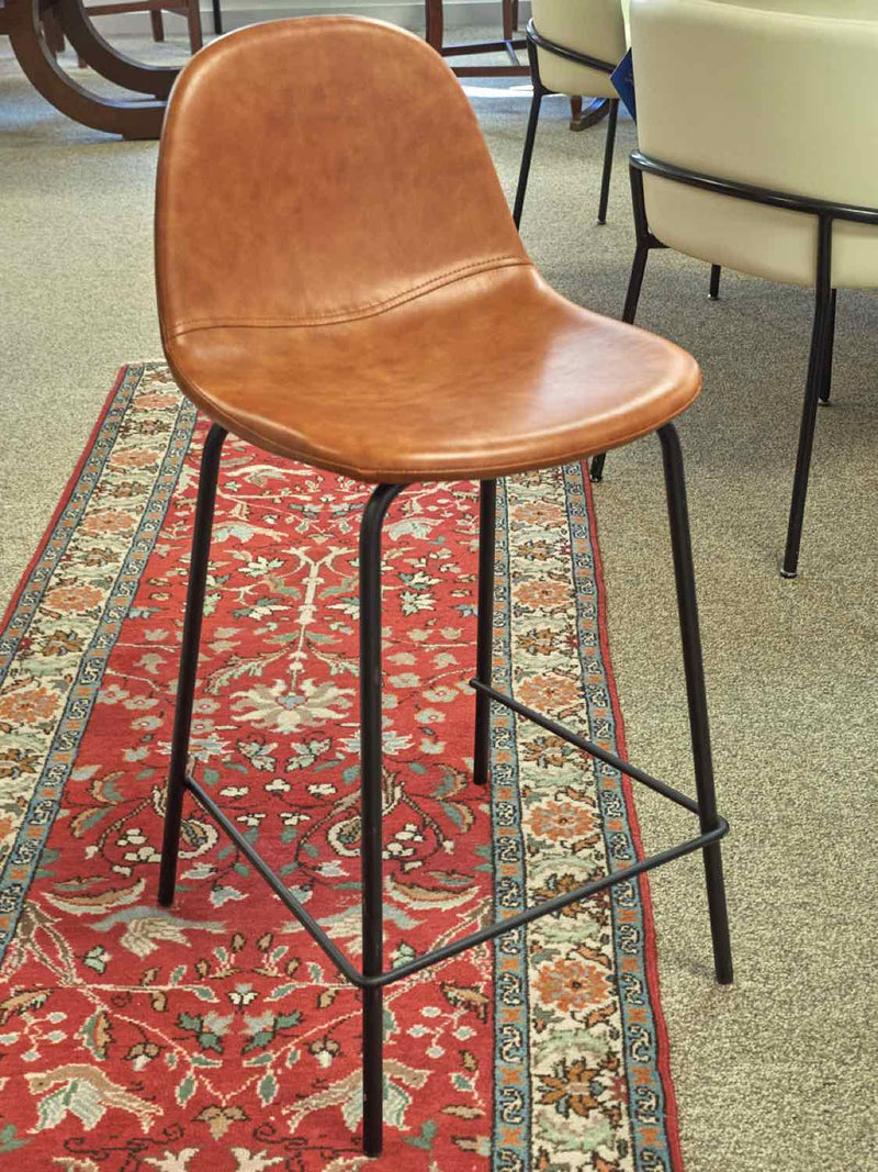 Pair of Bonded Saddle Color Leather Counter Stools with Metal Legs