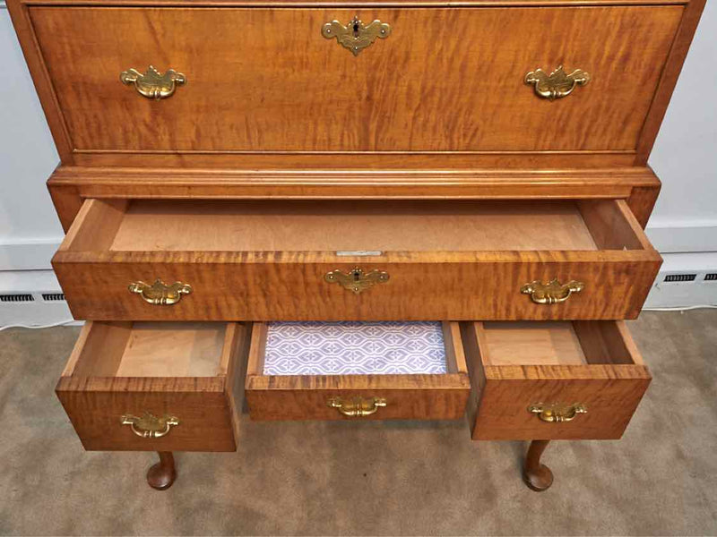 Reproduction Tiger Maple 8 Drawer Brass Handles  Highboy Chest