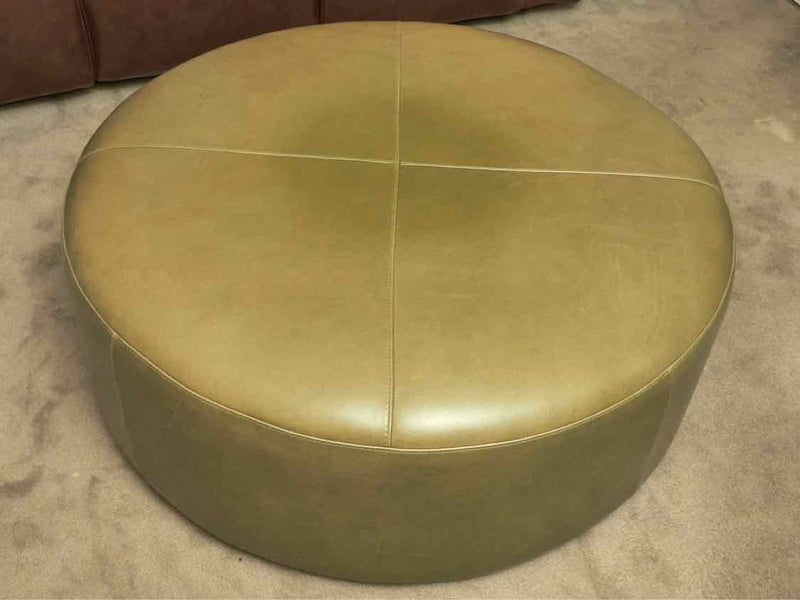 Round Leather Ottoman In 'Moss Green' On Casters