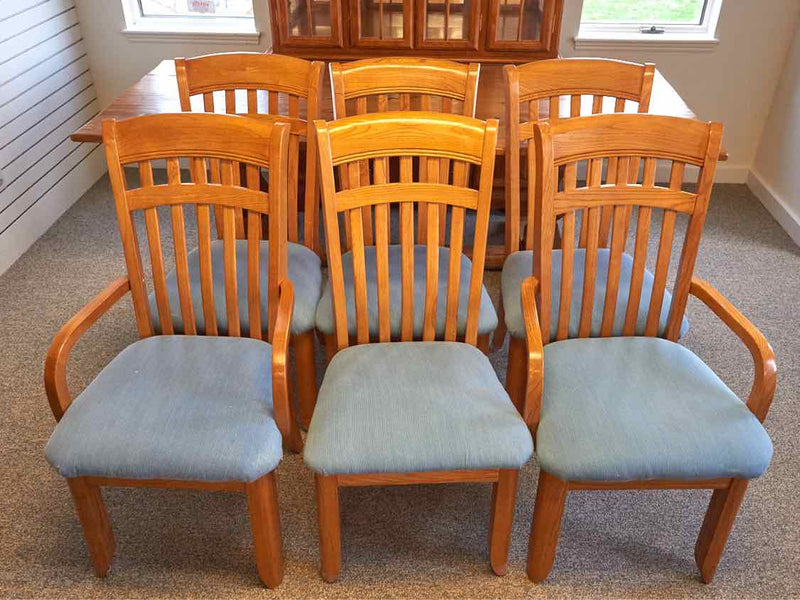 Set of Oak Dining Chairs with Sky Blue Upholstered Seat Cushions