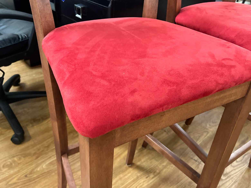 Set of 2 Wood Frame Bar Stools w/ Red Microsuede Upholstery