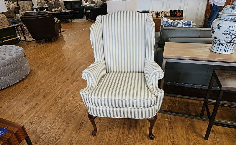 Pair of  Striped Queen Anne Wingback Chairs