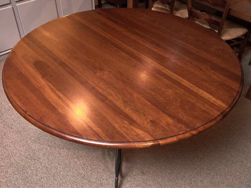 Ethan Allen Round Cherry Top Dining Table with Gun Metal Scrolled Base