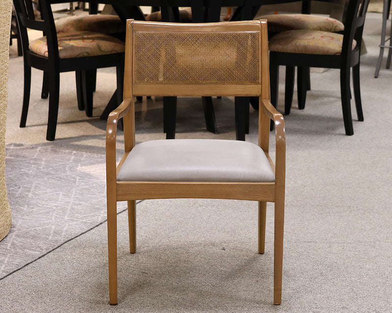 Oak Arm Chair with Cain Back & Gray Leather Seat