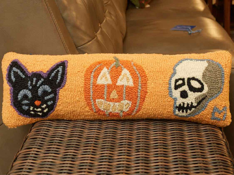 Black Cat, Jack O' Lantern & Skull Wool Hooked Accent Pillow