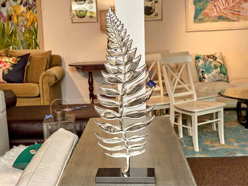 Silver Metal Fern Leaf On Black Quartz Base Decor