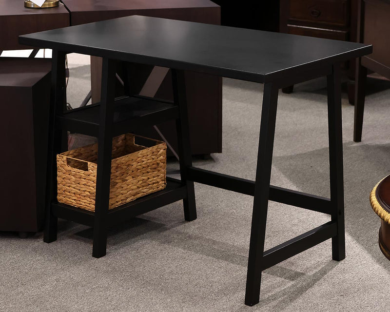 Black Desk with Side Shelves & Basket