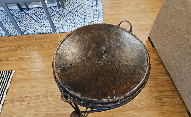 Round Leather Tribal Side Table