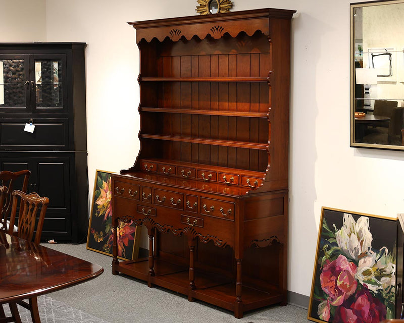 English Vintage Step Back Hutch in Mahogany with Pierced Apron and Lower Shelf