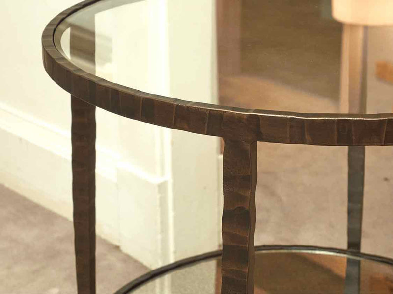 Pair Of Crate & Barrel 'Clairmont' Glass Top Forged Metal Side Tables