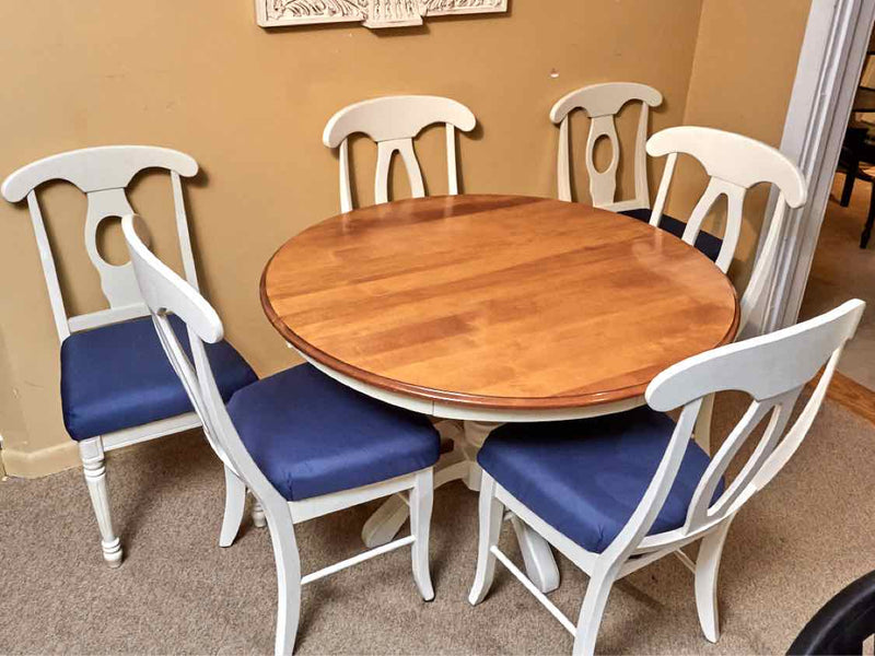 Round Cherry Top Off White Pedestal Table &  6 Chair Set