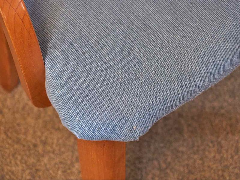 Set of Oak Dining Chairs with Sky Blue Upholstered Seat Cushions