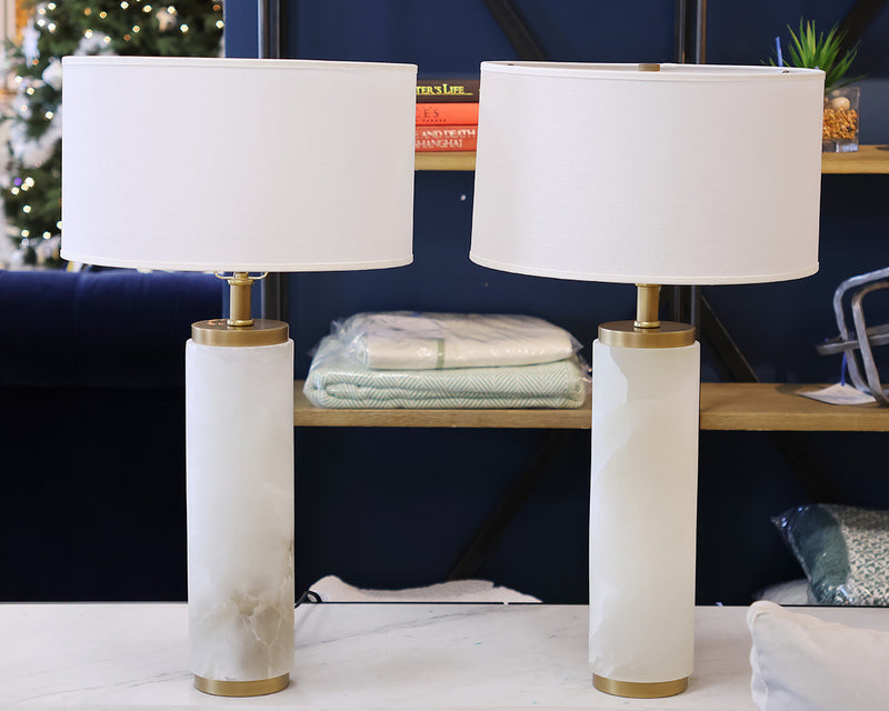 Pair of Cylindrical Stone Column Table Lamps with Burnished Brass Trim