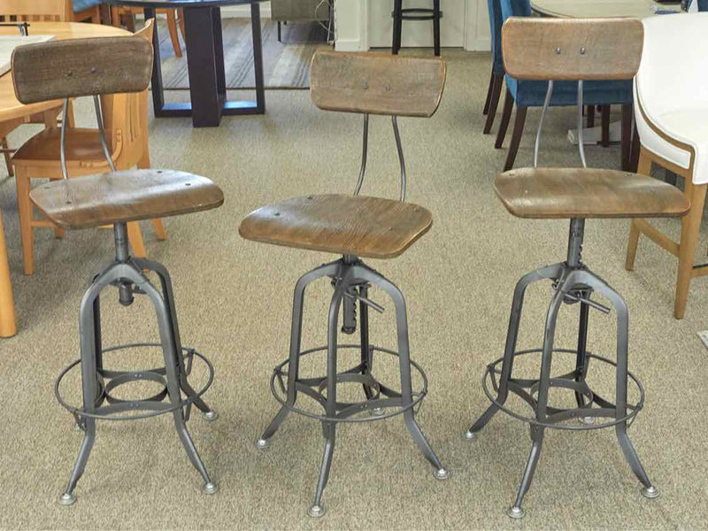 Set of 3 RH Industrial Wood & Metal Bar Stools