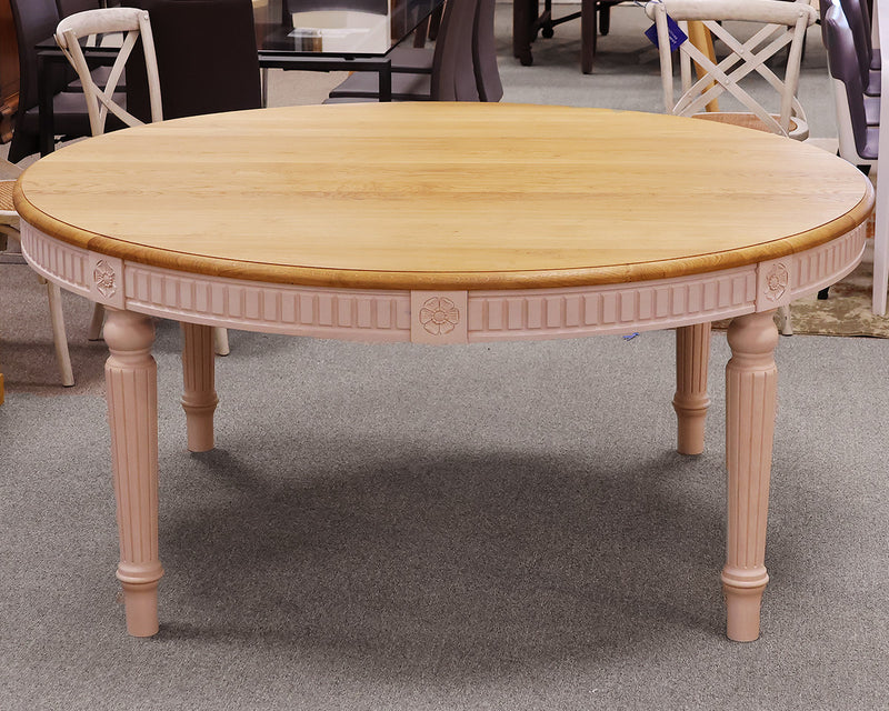 71" Round Bali Dining Table with Oak Top on Carved White Finish Base