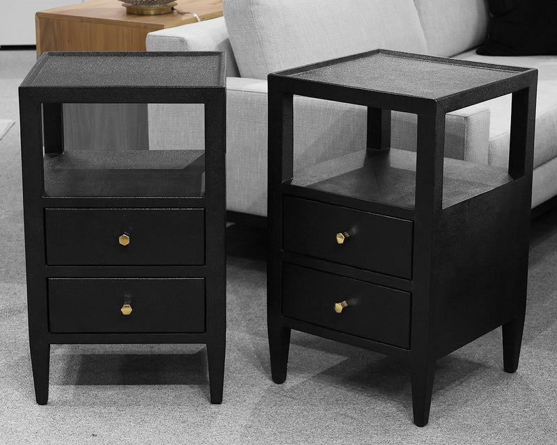 Pair Of Made Goods ' Jarin' Black Wrapped Linen 2 Drawer  Nightstands