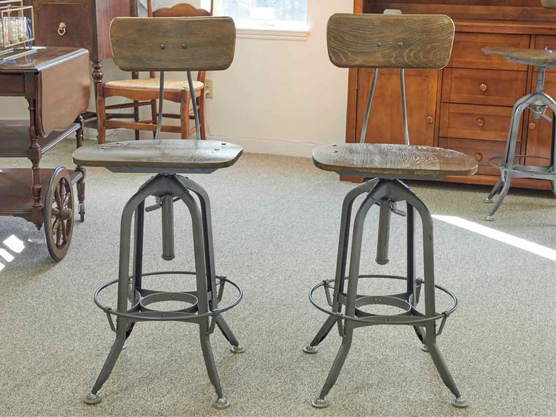 Set of 2 RH Industrial Wood & Metal Bar Stools