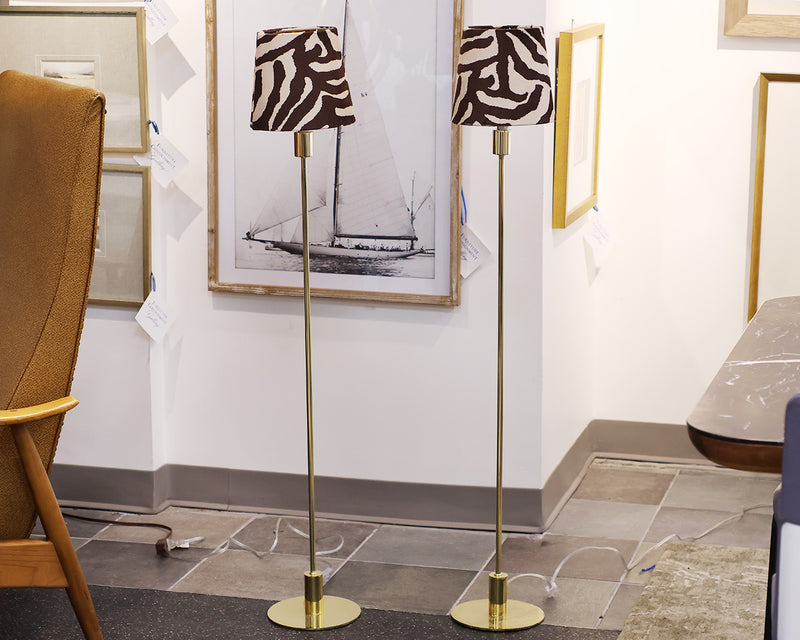 Pair of Brass Floor Lamps with Gold-Lined Animal Print Velvet Shades