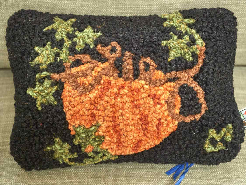 Pumpkin On Black Background Wool Hooked Accent Pillow