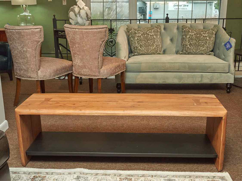 Crate & Barrel "Yukon" Natural Live-Edge Bench with Metal Shelf