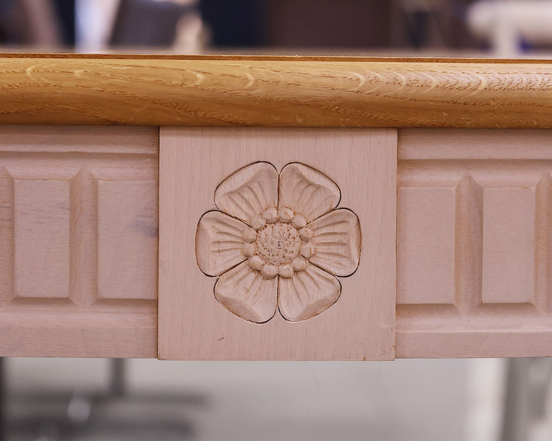 71" Round Bali Dining Table with Oak Top on Carved White Finish Base