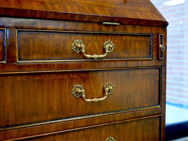 Inlaid Mahogany Carved Secretary Desk with Brass Pulls