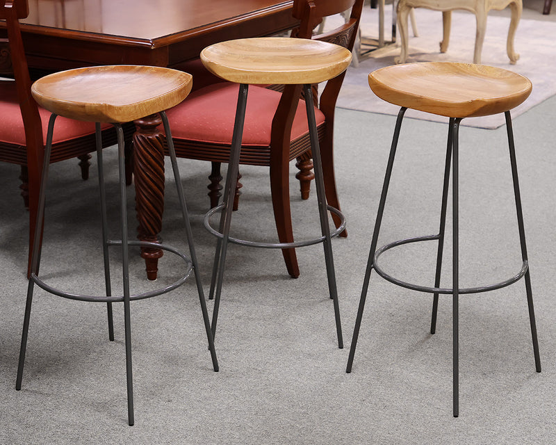 Set of 3 West Elm Alden Bar Stools In Acacia & Grey Steel