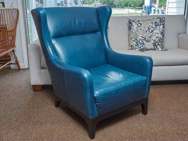 Pair Of 'Peacock Blue' Leather Wing Back Chairs