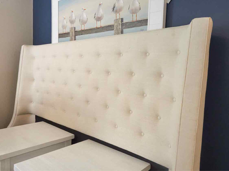 Upholstered King Shelter Bed in Cream Linen