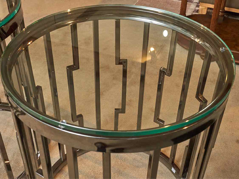 Pair Of  Round Contemporary Polished Nickel Glass Top Side Tables