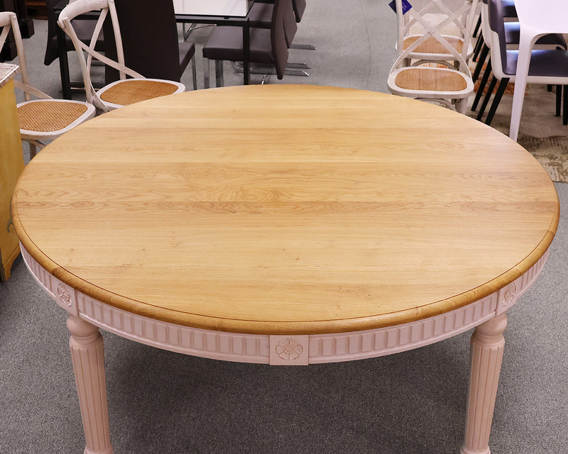 71" Round Bali Dining Table with Oak Top on Carved White Finish Base