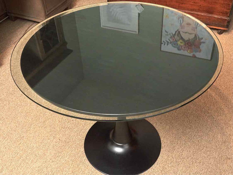 CB2  Bevel Glass Black Pedestal  Top Dining Table