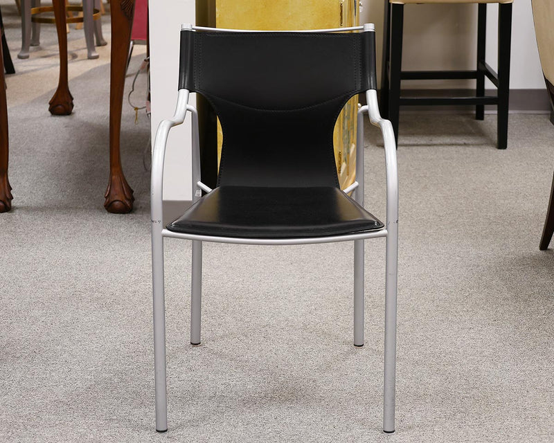 Dining Arm Chair in Black Leather on Brushed Chrome Frame