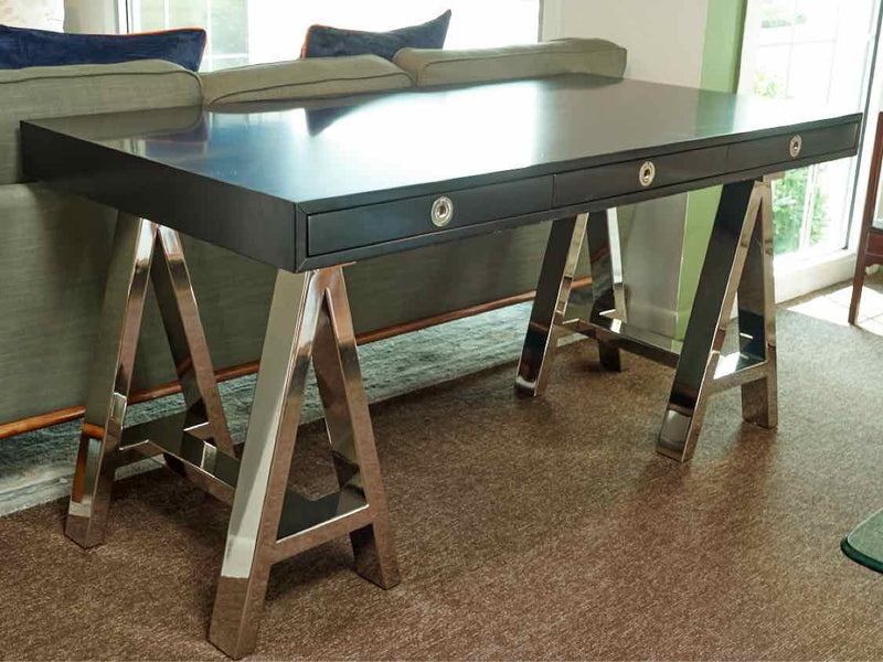 Williams Sonoma Home  Black Laminate 3 Drawer Desk On Chrome Sawhorse Legs