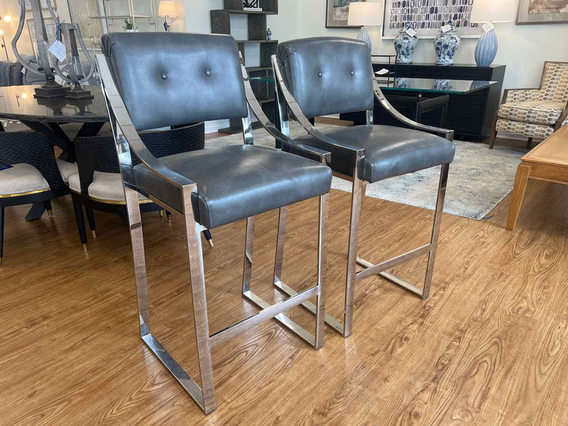 Pair of Sunpan Grey Leather Barstools